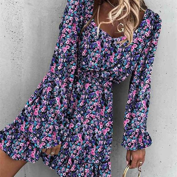 women ruffles floral print square collar 2021 autumn spring casual long sleeve a line slim female boho mini party dress, Black;gray
women ruffles floral print square collar 2021 autumn spring casual long sleeve a line slim female boho mini party dress, Black;gray