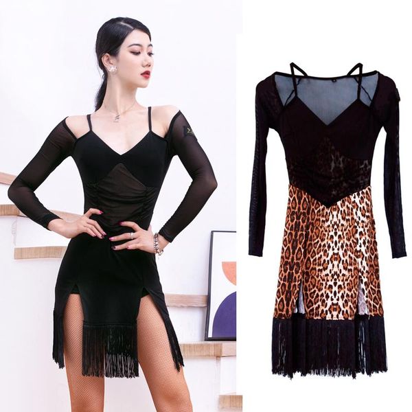 stage wear female latin dance dress mesh stitching side slits long sleeved fringed for women practice dn10054, Black;red
stage wear female latin dance dress mesh stitching side slits long sleeved fringed for women practice dn10054, Black;red