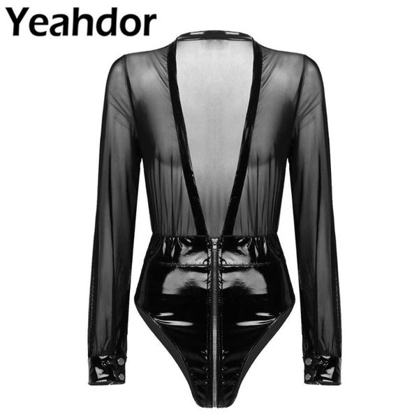 women one-piece wet look patent leather sheer mesh splice plunging deep v neck long sleeves double-ended zipper leotard bodysuit women', Black;white
women one-piece wet look patent leather sheer mesh splice plunging deep v neck long sleeves double-ended zipper leotard bodysuit women', Black;white