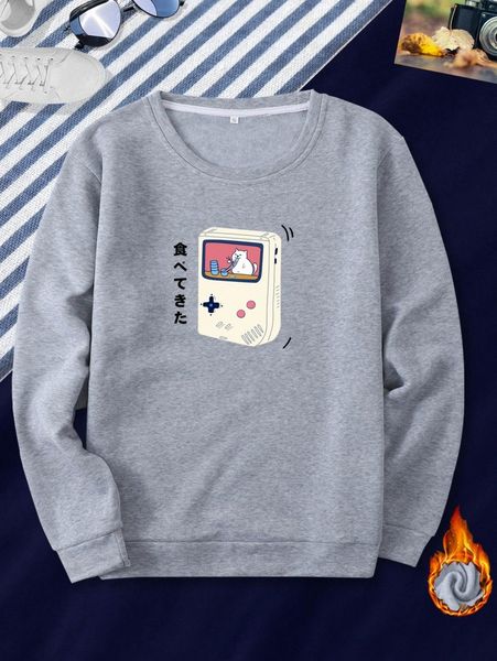 men japanese letter & game console print thermal pullover g0z6#, Black