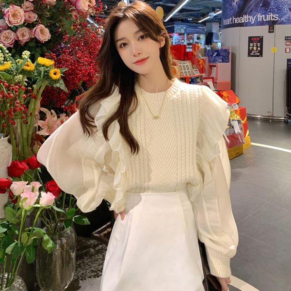 women's sweaters 2021 autumn korean fashion elegant wild o neck ruffled mesh stitching design fake two loose casual sweater knitted, White;black
women's sweaters 2021 autumn korean fashion elegant wild o neck ruffled mesh stitching design fake two loose casual sweater knitted, White;black