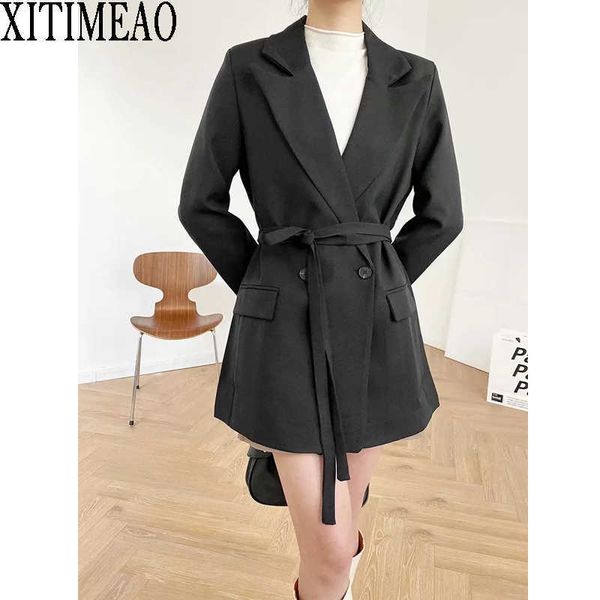 women fashion office wear one button blazers coat vintage long sleeves female black slim chic outerwear with belt xitimeao 210602, White;black
women fashion office wear one button blazers coat vintage long sleeves female black slim chic outerwear with belt xitimeao 210602, White;black