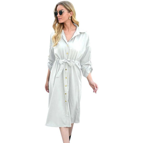 single breasted turn down collar bandage solid color long sleeve dress women high waist streetwear elegant office midi dresses 210608, Black;gray
single breasted turn down collar bandage solid color long sleeve dress women high waist streetwear elegant office midi dresses 210608, Black;gray