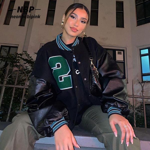 women's jackets neonbabipink street fashion oversized bomber jacket winter letter pu leather long sleeve coats varsity women n70-fg54, Black;brown
women's jackets neonbabipink street fashion oversized bomber jacket winter letter pu leather long sleeve coats varsity women n70-fg54, Black;brown