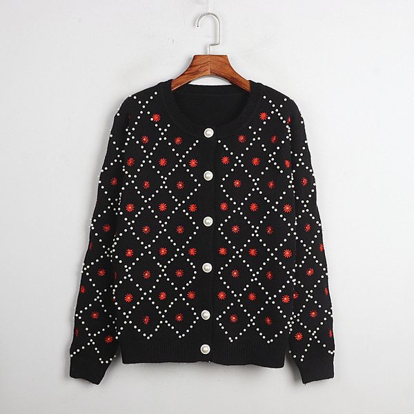 knits autumn winter cardigans embroidery pearl beaded plaid o-neck single breasted thick black cardigan, White
knits autumn winter cardigans embroidery pearl beaded plaid o-neck single breasted thick black cardigan, White
