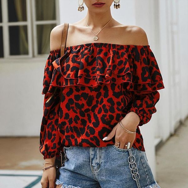 long sleeve neckline women shirts off shoulder leopard print ruffled and blouses blusas, White 
long sleeve neckline women shirts off shoulder leopard print ruffled and blouses blusas, White