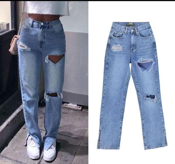 women's jeans summer streetwear ripped straight high waist casual slim split long denim pants chic trousers, Blue
women's jeans summer streetwear ripped straight high waist casual slim split long denim pants chic trousers, Blue