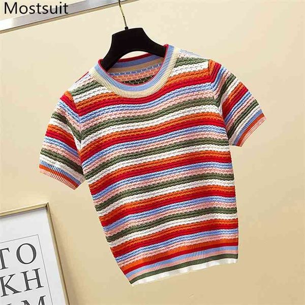 rainbow striped knitted t-shirt women summer short sleeve o-neck pullover fashion sweet female t shirt tees 210513, White
rainbow striped knitted t-shirt women summer short sleeve o-neck pullover fashion sweet female t shirt tees 210513, White