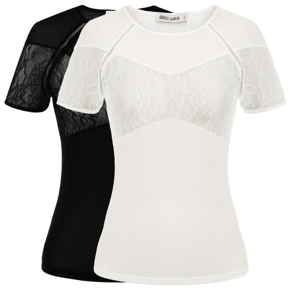 women's t-shirt casual women tshirt summer clothes lace & sheer mesh patchwork short sleeve crew neck elegant vintage female, White
women's t-shirt casual women tshirt summer clothes lace & sheer mesh patchwork short sleeve crew neck elegant vintage female, White