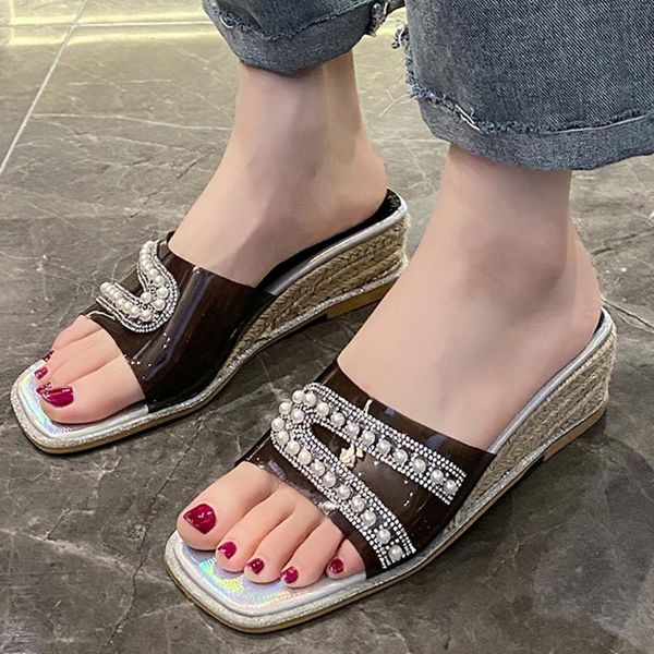 slippers rimocy 2021 transparent pvc wedges women summer pearls woven high heels sandals mujer crystal square toe slides woman, Black
slippers rimocy 2021 transparent pvc wedges women summer pearls woven high heels sandals mujer crystal square toe slides woman, Black