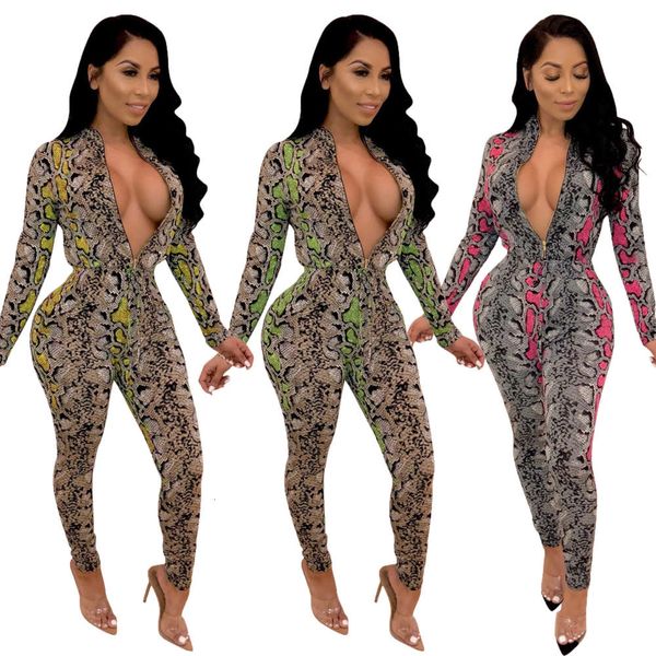 2021 2019 new tight fashion snake print casual jumpsuit, White