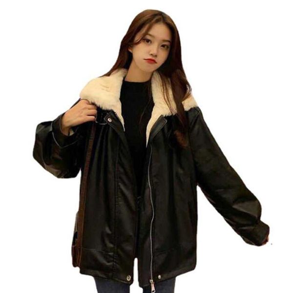women's leather & faux autumn winter 2021 korean women pu motorcycle jacket loose plus velvet thick casual warm coat oversize clothes, Black
women's leather & faux autumn winter 2021 korean women pu motorcycle jacket loose plus velvet thick casual warm coat oversize clothes, Black