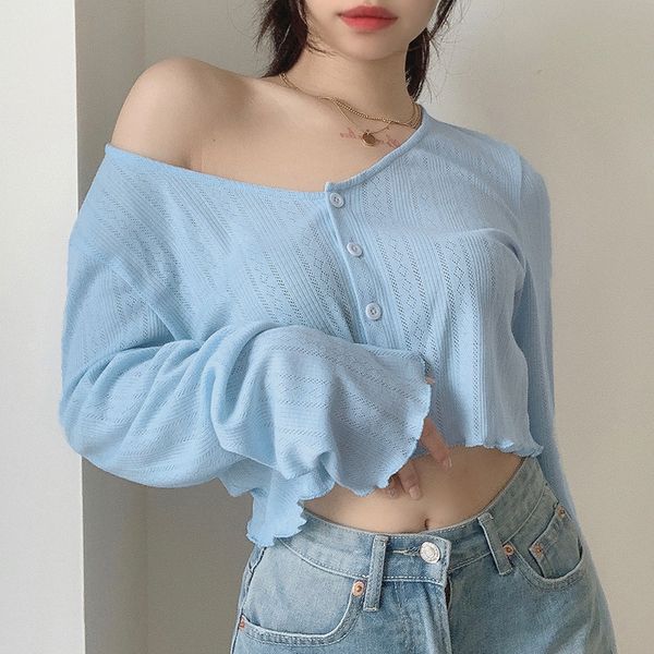 knitted cardigan t-shirt women's new summer 2020 women's v-neck long sleeve top, White
knitted cardigan t-shirt women's new summer 2020 women's v-neck long sleeve top, White
