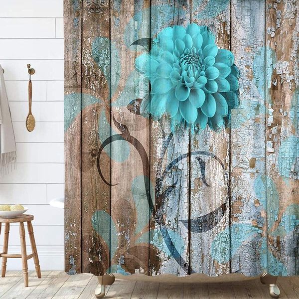 shower curtains floral flower curtain, teal curtain set, dahlia on old rustic farmhouse wooden plank country fabric