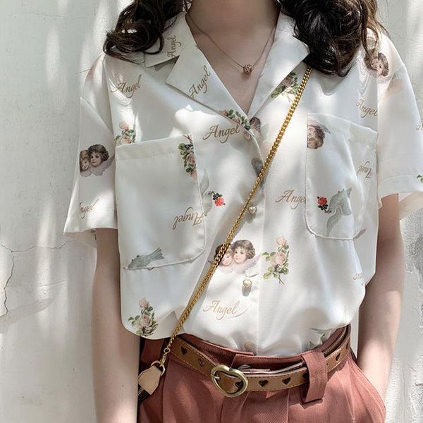 women's blouses & shirts women spring summer style lady casual short sleeve turn-down collar angel printed loose blusas df3743, White
women's blouses & shirts women spring summer style lady casual short sleeve turn-down collar angel printed loose blusas df3743, White