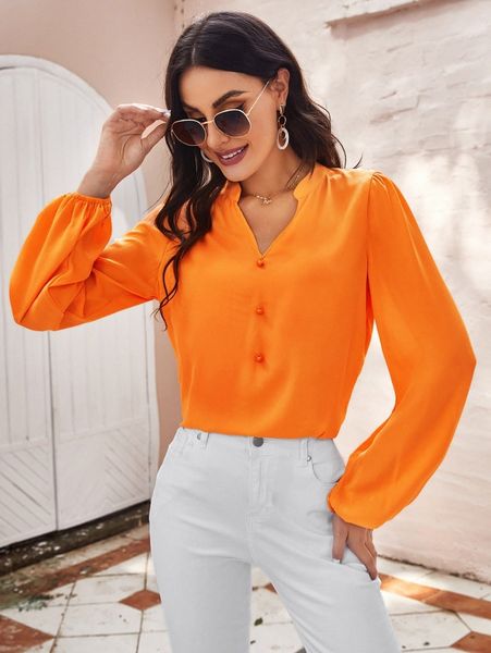 neon orange notch neck lantern sleeve u8tq#, White 
neon orange notch neck lantern sleeve u8tq#, White