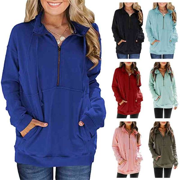 2020 kangaroo pocket half zipper long sleeve solid color casual sweater women's top, Black
2020 kangaroo pocket half zipper long sleeve solid color casual sweater women's top, Black
