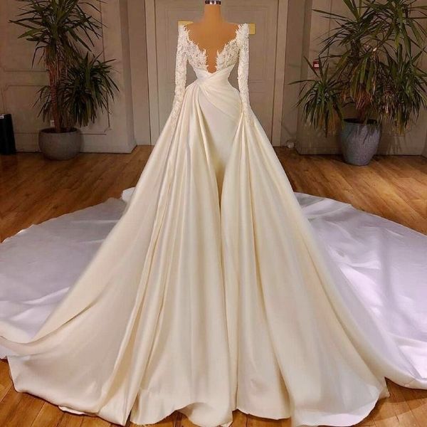 overskirts wedding dresses long sleeves scoop sheer neckline lace and satin bridal dress arabic pleats robe de soirée de mariage, White
overskirts wedding dresses long sleeves scoop sheer neckline lace and satin bridal dress arabic pleats robe de soirée de mariage, White