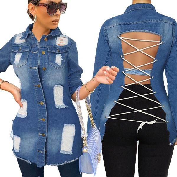 women's knits & tees autumn american net red fashion ripped creative strap long denim coat women cowboy jacket, White
women's knits & tees autumn american net red fashion ripped creative strap long denim coat women cowboy jacket, White