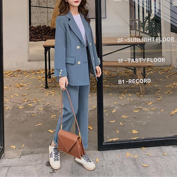 women's two piece pants fashion women blazer suits long sleeve double- breasted suit office ladies two-piece sets, White
women's two piece pants fashion women blazer suits long sleeve double- breasted suit office ladies two-piece sets, White