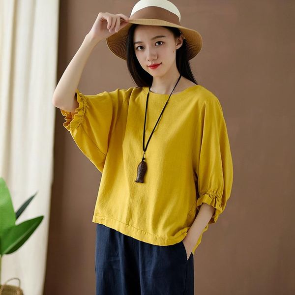 women's t-shirt 2021 spring and summer cotton linen clothing literary loose large solid color princess sleeve, White
women's t-shirt 2021 spring and summer cotton linen clothing literary loose large solid color princess sleeve, White