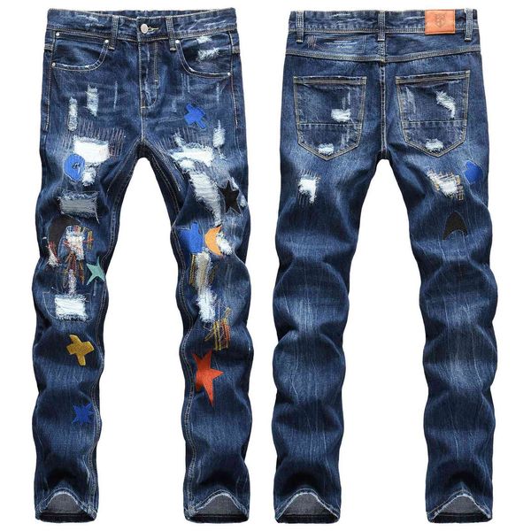 jeans chaopai high street personality chaonan color contrast embroidery hole beggar patch wear small straight pants man, Blue
jeans chaopai high street personality chaonan color contrast embroidery hole beggar patch wear small straight pants man, Blue