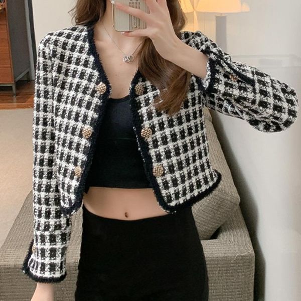 women's jackets 2021 vintage casual french ladies high-quality coat female small fragrance short jacket temperament houndstooth women, Black;brown
women's jackets 2021 vintage casual french ladies high-quality coat female small fragrance short jacket temperament houndstooth women, Black;brown