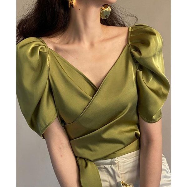 women's blouses & shirts satin green women blouse summer design 2021 v-neck bow bandage slim short female pulls tees, White
women's blouses & shirts satin green women blouse summer design 2021 v-neck bow bandage slim short female pulls tees, White