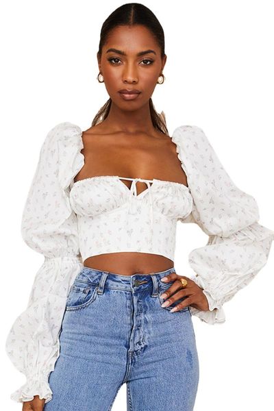 women's blouses & shirts crop blouse long sleeve for women floral print square neck lantern shirt blusas mujer 2021, White
women's blouses & shirts crop blouse long sleeve for women floral print square neck lantern shirt blusas mujer 2021, White