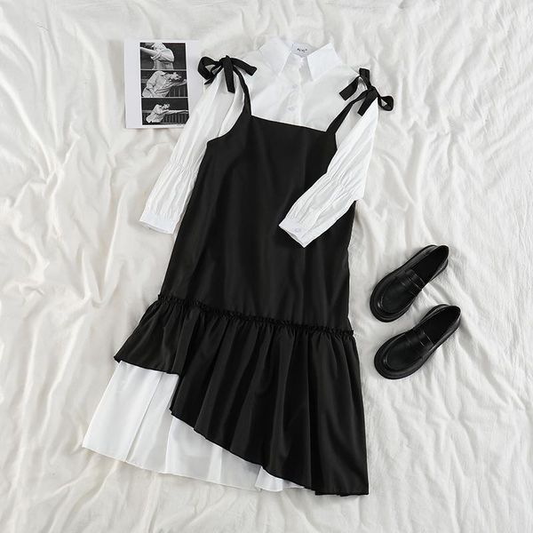 two pieces women's clothing preppy style off shoulder black spaghetti strap dresses ruffles fashion brand spring autumn casual, Black;gray
two pieces women's clothing preppy style off shoulder black spaghetti strap dresses ruffles fashion brand spring autumn casual, Black;gray
