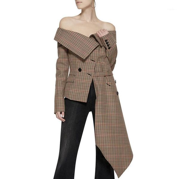 women's suits & blazers plaid blazer female irrgular patchwork slash neck long sleeve lace up women jacket coat 2021 autumn fashion, White;black
women's suits & blazers plaid blazer female irrgular patchwork slash neck long sleeve lace up women jacket coat 2021 autumn fashion, White;black