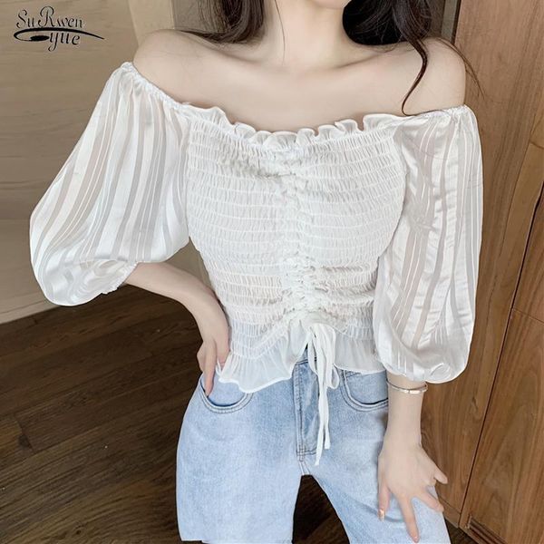 women's blouses & shirts slash neck short blouse chic 2021 summer strtched off shoulder women shirt solid lantern sleeve for blusa, White
women's blouses & shirts slash neck short blouse chic 2021 summer strtched off shoulder women shirt solid lantern sleeve for blusa, White