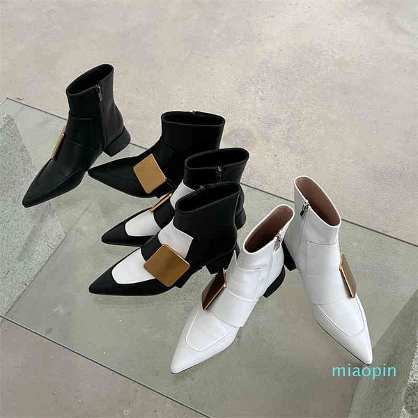 boots metal decorated mixed colors ankle for women side zip brand design pointed toe autumn botas mujer j195, Black
boots metal decorated mixed colors ankle for women side zip brand design pointed toe autumn botas mujer j195, Black