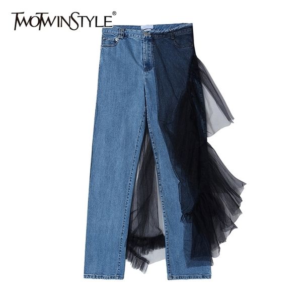 twotwinstyl casual patchwork mesh full pant women high waist hit color asymmetrical ruched jean female fashion clothing 210521, Blue
twotwinstyl casual patchwork mesh full pant women high waist hit color asymmetrical ruched jean female fashion clothing 210521, Blue