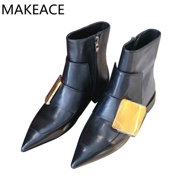 boots pointed toe ankle for women gold buckle knight woman genuine leather flats runway shoes short, Black
boots pointed toe ankle for women gold buckle knight woman genuine leather flats runway shoes short, Black