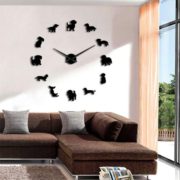 wall clocks dachshund clock diy large wiener-dog puppy dog mirror frameless giant 3d watches sausage decor