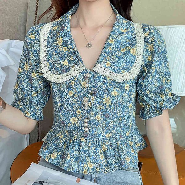 french style lace patchwork floral print women summer casual chic peter pan collar blouses female fashion 210515, White
french style lace patchwork floral print women summer casual chic peter pan collar blouses female fashion 210515, White