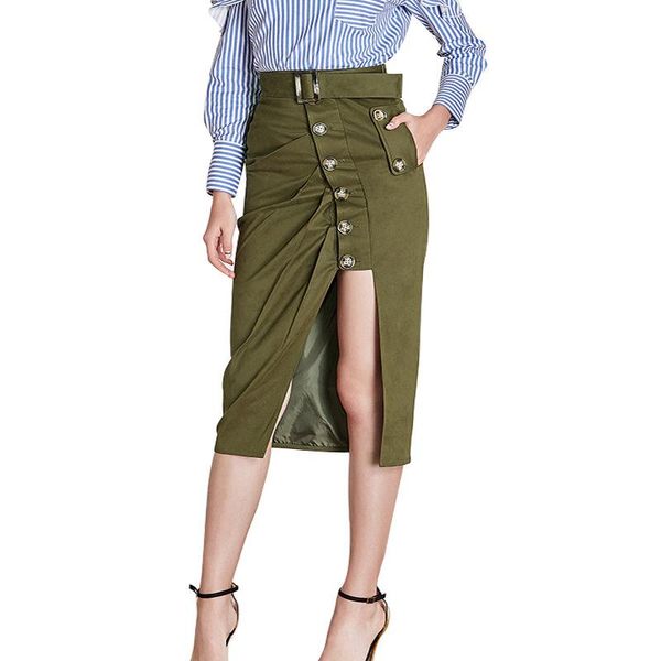 skirts european american elegant women high street solid color buttons asymmetrical slit ary green slim straight skirt with belt, Black
skirts european american elegant women high street solid color buttons asymmetrical slit ary green slim straight skirt with belt, Black