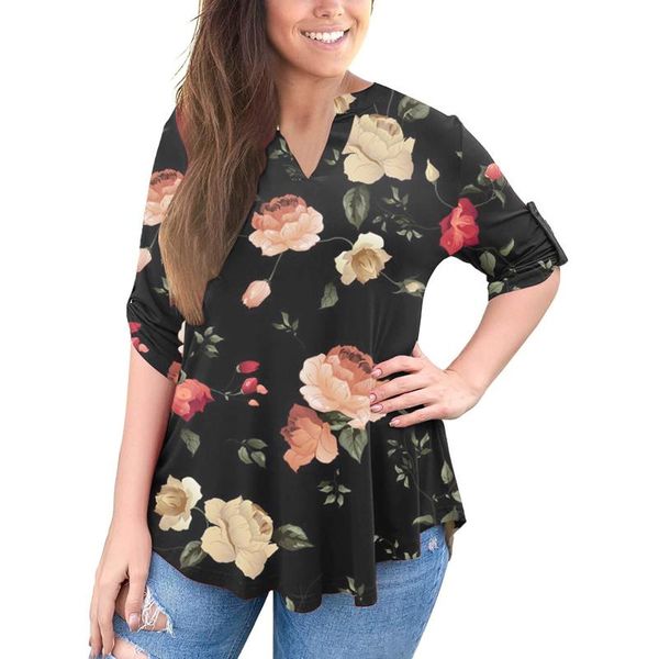 women's blouses & shirts flower print women 3/4 roll sleeve v neck tunic plus size chemisier femme and bloues, White
women's blouses & shirts flower print women 3/4 roll sleeve v neck tunic plus size chemisier femme and bloues, White
