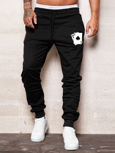 men playing card print drawstring waist sweatpants d8z6#, Black 
men playing card print drawstring waist sweatpants d8z6#, Black
