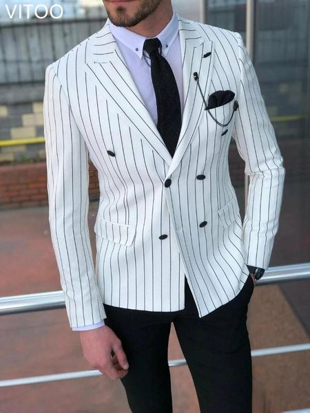 men's suits & blazers 2 sets of lapel black and white striped double breasted suit casual formal business slim coat wedding groom man, White;black
men's suits & blazers 2 sets of lapel black and white striped double breasted suit casual formal business slim coat wedding groom man, White;black