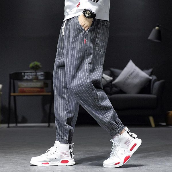 men's pants 2021 summer striped jeans large loose harem fashion street style jogger korean brand legged, Black
men's pants 2021 summer striped jeans large loose harem fashion street style jogger korean brand legged, Black
