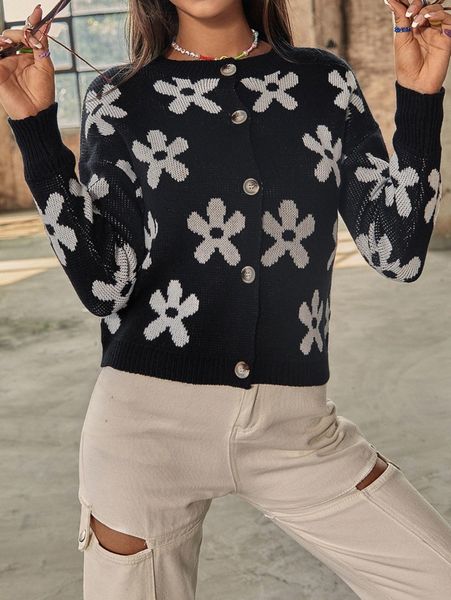 flower pattern drop shoulder cardigan t6ow#, White