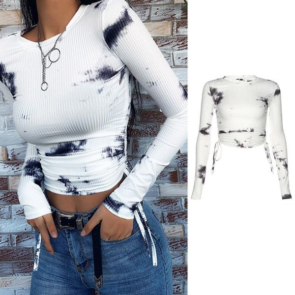 women's t-shirt women long sleeve o-neck tie-dye print ruched drawstring ribbed crop f3md, White
women's t-shirt women long sleeve o-neck tie-dye print ruched drawstring ribbed crop f3md, White