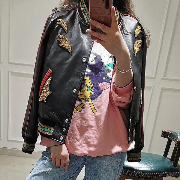 women's leather & faux quality high natural sheepskin biker jacket womens casual short loose single breasted pockets beading genuine co, Black
women's leather & faux quality high natural sheepskin biker jacket womens casual short loose single breasted pockets beading genuine co, Black