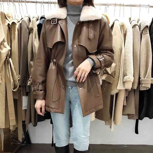 women's leather & faux temperament plus velvet pu jacket winter korean style drawstring waist fur collar thick loose coat trend 7ee8, Black
women's leather & faux temperament plus velvet pu jacket winter korean style drawstring waist fur collar thick loose coat trend 7ee8, Black