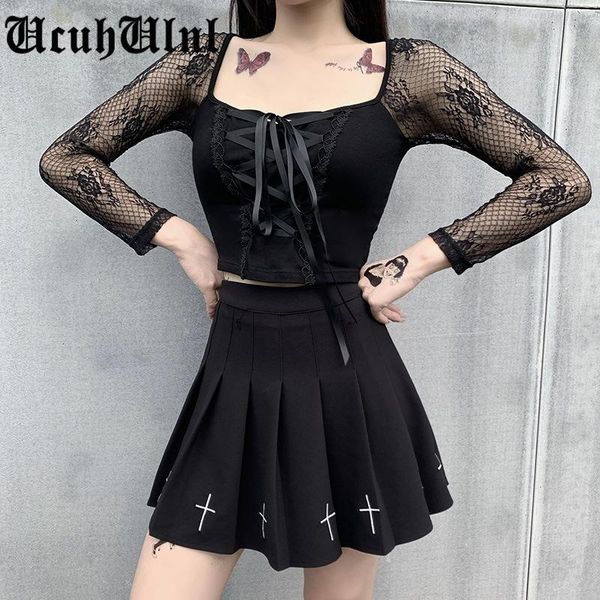 women's t-shirt vintage elegant black lace up gothic mesh see through long sleeve women autumn hollow out bodycon basic, White
women's t-shirt vintage elegant black lace up gothic mesh see through long sleeve women autumn hollow out bodycon basic, White