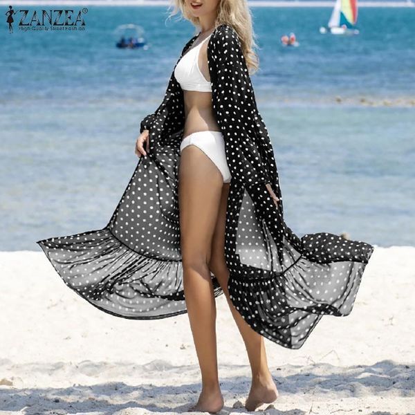 women's swimwear holiday elegant loose long cover ups women fashion beach cardigan 2021 summer see throught coats zanzea polka dot ruff, White;black
women's swimwear holiday elegant loose long cover ups women fashion beach cardigan 2021 summer see throught coats zanzea polka dot ruff, White;black