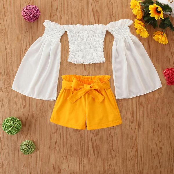 clothing sets 2-6years kids suit set girls solid color off shoulder long sleeve + shorts+ waistband for summer 1-6 years, White
clothing sets 2-6years kids suit set girls solid color off shoulder long sleeve + shorts+ waistband for summer 1-6 years, White