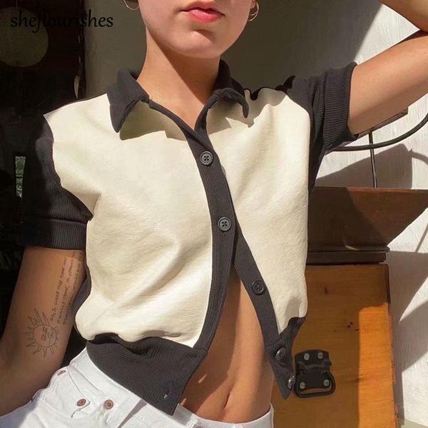 vintage shirt women summer knitted t korean short sleeve shirts turn down collar leather patchwork button up women's polos, White
vintage shirt women summer knitted t korean short sleeve shirts turn down collar leather patchwork button up women's polos, White